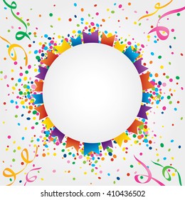 Small flags of June party around a circle with space to put text in the middle. Confetti coming out from behind the circle and streamers adorning the corners of an image.