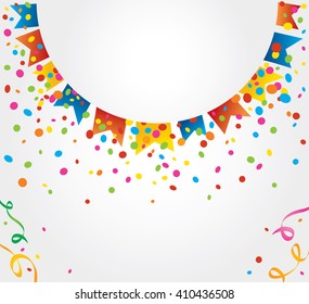 Small flags of June party forming a half circle with confetti coming out from behind this circle. Space for placing text on top and bottom of the image.  Background for birthday cards and parties