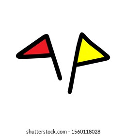 Small flags of yellow and red isolated on white background. Cartoon child illustration. Vector outline sport element. Print on Children's felt-tip pens, t shirt, kids playing.