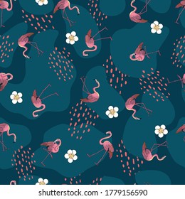 Small Flamingos and Flowers Vector Seamless Pattern