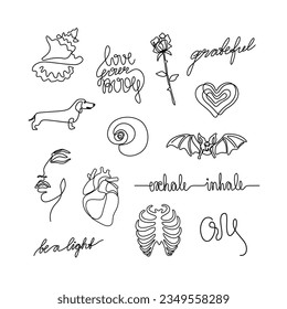 Small flash tattoo set, sticker design pack, continuous line drawing, tiny icons, abstract print for clothes and logo, emblem, nail design, isolated vector illustration.