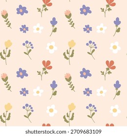 Small flat flowers and branches. Beautiful spring floral vector pattern. Easter seasonal festive folk wallpaper.