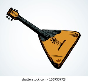 Small flat harp object on white paper text space. Freehand outline brown ink pen hand drawn rural moscow chord skill logo pictogram emblem design. Antique art doodle engrave print style. Closeup view