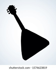 Small flat harp object on white paper text space. Dark ink hand drawn rural moscow chord skill logotype pictogram emblem insignia design. Antique art contour engrave print style. Closeup front view