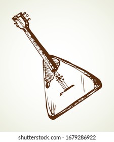 Small flat harp object on white paper text space. Freehand outline brown ink pen hand drawn rural moscow chord skill logo pictogram emblem design. Antique art doodle engrave print style. Closeup view
