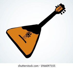Small flat harp object on white paper text space. Freehand outline brown ink pen hand drawn rural moscow chord skill logo pictogram emblem design. Antique art doodle engrave print style. Closeup view