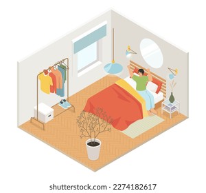 Small flat - modern vector colorful isometric illustration. Man wakes up and gets out of bed, clothes hang on a hanger, it is light outside the window. Nice room in beige tones, interior design idea