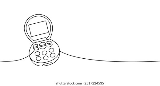 Pequeño flip phone una línea de dibujo continuo. Antiguos artilugios de comunicación. Ilustración lineal de Vector.