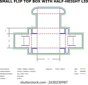 Small flip top box diecut template half height lid design