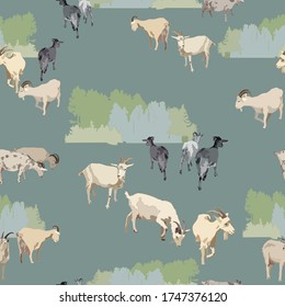 Small flock of goats on a gray-blue background. Textile composition, template for the design of print, advertising, fabric, wallpaper and boxes.