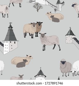 A small flock of sheep against the background of the walls of an ancient monastery. Textile composition, template for the design of print, advertising, fabric, wallpaper and boxes.