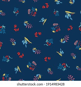 Small Floral Ditsy Plant Shape Pattern. Seamless Vector Floral Background. Colorful Hand Drawn Floral Design. Gift Wrap, Stationery, Home Decor, Fabric, Print. Vector EPS 10 Tile.