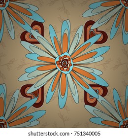 Small floral pattern in beige, blue and orange colors. Spring flowers seamless pattern. Flower pattern for printing or fabric. Vector floral illustration and floral seamless texture.