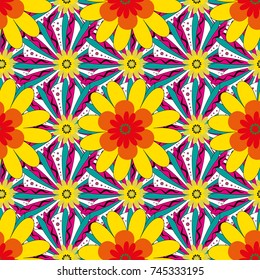 Small floral pattern in blue, yellow and magenta colors. Flower pattern for printing or fabric. Vector floral illustration and floral seamless texture. Spring flowers seamless pattern.