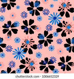 Small Floral Pattern. Cute Daisy Flowers and Violets for Seamless Background, Cloth, Dress, Swimwear. Small Floral Rapport with Silhouettes of Primitive Flowers. Random Botanical Texture