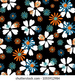 Small Floral Pattern. Cute Daisy Flowers and Violets for Seamless Background, Cloth, Dress, Swimwear. Small Floral Rapport with Silhouettes of Primitive Flowers. Random Botanical Texture