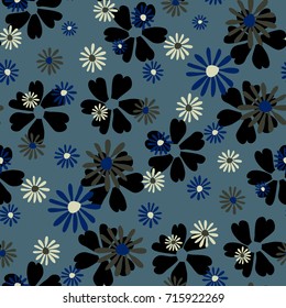 Small Floral Pattern. Cute Daisy Flowers and Violets for Seamless Background, Cloth, Dress, Swimwear. Small Floral Rapport with Silhouettes of Primitive Flowers. Random Botanical Texture