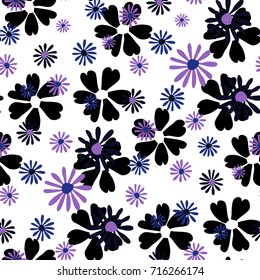 Small Floral Pattern. Cute Daisy Flowers and Violets for Seamless Background, Cloth, Dress, Swimwear. Small Floral Rapport with Silhouettes of Primitive Flowers. Random Botanical Texture
