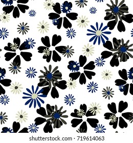 Small Floral Pattern. Cute Daisy Flowers and Violets for Seamless Background, Cloth, Dress, Swimwear. Small Floral Rapport with Silhouettes of Primitive Flowers. Random Botanical Texture