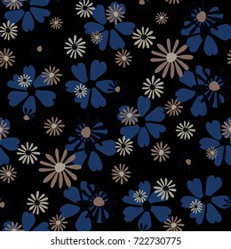 Small Floral Pattern. Cute Daisy Flowers and Violets for Seamless Background, Cloth, Dress, Swimwear. Small Floral Rapport with Silhouettes of Primitive Flowers. Random Botanical Texture