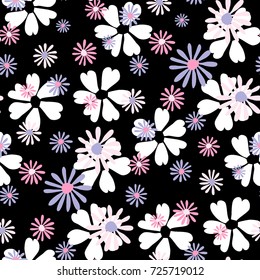 Small Floral Pattern. Cute Daisy Flowers and Violets for Seamless Background, Cloth, Dress, Swimwear. Small Floral Rapport with Silhouettes of Primitive Flowers. Random Botanical Texture