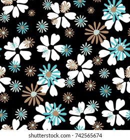 Small Floral Pattern. Cute Daisy Flowers and Violets for Seamless Background, Cloth, Dress, Swimwear. Small Floral Rapport with Silhouettes of Primitive Flowers. Random Botanical Texture