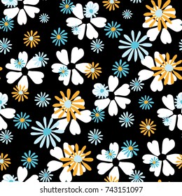 Small Floral Pattern. Cute Daisy Flowers and Violets for Seamless Background, Cloth, Dress, Swimwear. Small Floral Rapport with Silhouettes of Primitive Flowers. Random Botanical Texture