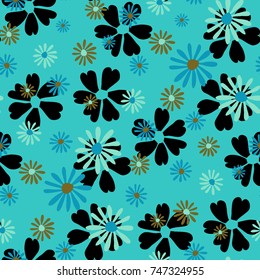 Small Floral Pattern. Cute Daisy Flowers and Violets for Seamless Background, Cloth, Dress, Swimwear. Small Floral Rapport with Silhouettes of Primitive Flowers. Random Botanical Texture