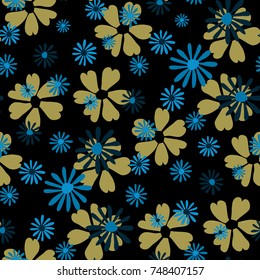 Small Floral Pattern. Cute Daisy Flowers and Violets for Seamless Background, Cloth, Dress, Swimwear. Small Floral Rapport with Silhouettes of Primitive Flowers. Random Botanical Texture