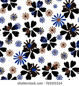 Small Floral Pattern. Cute Daisy Flowers and Violets for Seamless Background, Cloth, Dress, Swimwear. Small Floral Rapport with Silhouettes of Primitive Flowers. Random Botanical Texture