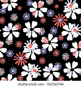 Small Floral Pattern. Cute Daisy Flowers and Violets for Seamless Background, Cloth, Dress, Swimwear. Small Floral Rapport with Silhouettes of Primitive Flowers. Random Botanical Texture
