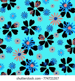 Small Floral Pattern. Cute Daisy Flowers and Violets for Seamless Background, Cloth, Dress, Swimwear. Small Floral Rapport with Silhouettes of Primitive Flowers. Random Botanical Texture