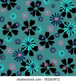 Small Floral Pattern. Cute Daisy Flowers and Violets for Seamless Background, Cloth, Dress, Swimwear. Small Floral Rapport with Silhouettes of Primitive Flowers. Random Botanical Texture