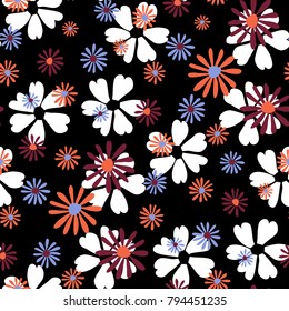Small Floral Pattern. Cute Daisy Flowers and Violets for Seamless Background, Cloth, Dress, Swimwear. Small Floral Rapport with Silhouettes of Primitive Flowers. Random Botanical Texture