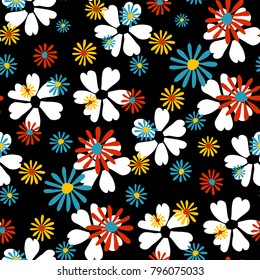 Small Floral Pattern. Cute Daisy Flowers and Violets for Seamless Background, Cloth, Dress, Swimwear. Small Floral Rapport with Silhouettes of Primitive Flowers. Random Botanical Texture