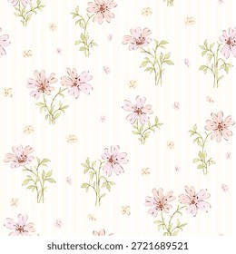 Pequeño patrón floral en diseño Pequeño. lindas flores sobre fondo de rayas rosadas. Sucio patrón floral sin fisuras. Bastante Pequeña impresión. Diseño de la superficie de la flor de la margarita. para la moda, Fondo de pantalla, materia textil, impresión