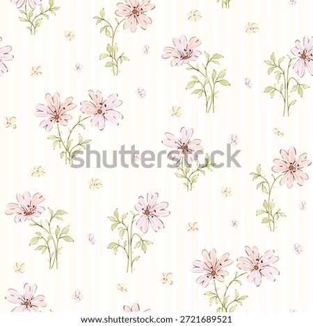 small floral pattern in small design. cute flowers on pink stripe background. Ditsy floral seamless pattern. Pretty small print. Daisy flower surface design. for fashion, wallpaper, textile, print