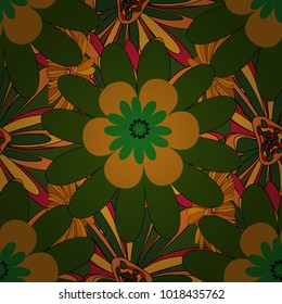 Small floral pattern in green, magenta and orange colors. Flower pattern for printing or fabric. Vector floral illustration and floral seamless texture. Spring flowers seamless pattern.