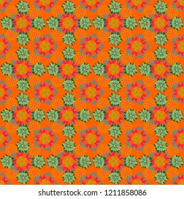 Small floral pattern in magenta, orange and green colors. Flower pattern for printing or fabric. Spring flowers seamless pattern. Vector floral illustration and floral seamless texture.