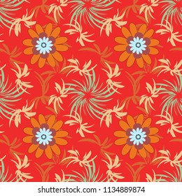 Small floral pattern in orange, beige and red colors. Vector floral illustration and floral seamless texture. Flower pattern for printing or fabric. Spring flowers seamless pattern.