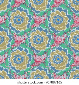 Small floral pattern in pink, green and blue colors. Flower pattern for printing or fabric. Spring flowers seamless pattern. Vector floral illustration and floral seamless texture.