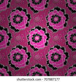 Small floral pattern in purple, pink and black colors. Flower pattern for printing or fabric. Spring flowers seamless pattern. Vector floral illustration and floral seamless texture.