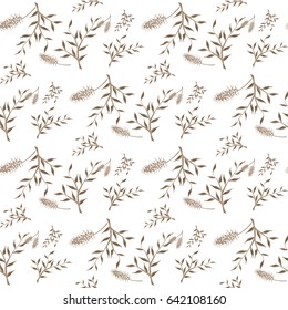 Small Floral Pattern. Seamless Simple Motif with Delicate Flowers and Branches of Willow. Seamless Texture for Calico, Textile, Fabric, Wallpaper. Floral Ornament in Vintage Faded Colors