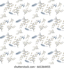 Small Floral Pattern. Seamless Simple Motif with Delicate Flowers and Branches of Willow. Texture for Calico, Textile, Fabric, Wallpaper. Floral Ornament in Vintage Faded Colors