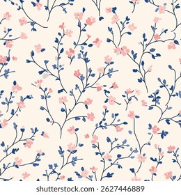 Pequeno padrão floral, no estilo de rosa pastel e azul em um fundo de creme, pequena flor sem costura padrão vetor ilustração, verão rabiscar, crianças e desenhos de bebê para tecido impresso.
