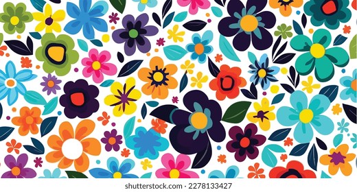 small Floral seamless pattern with abstract doodle flowers, realistic, small explosive flowers, Vector illustration, vivid colors, white background, google colors, scattered flowers