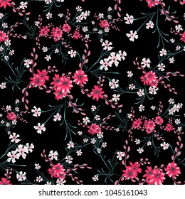Small Floral Seamless Pattern with Cute Daisy Flowers and Pansies. Feminine Texture in Country Style for Curtains, Calico, Paper. Vector Spring Rapport.