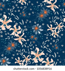 Small Floral Seamless Pattern with Cute Daisy Flowers and Pansies. Feminine Texture in Rustic Style for Fabric, Calico, Paper. Vector Spring Rapport.