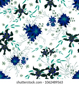 Small Floral Seamless Pattern with Cute Daisy Flowers and Pansies. Girlie Texture in Rustic Style for Curtains, Print, Textile. Vector Spring Rapport.