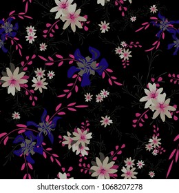 Small Floral Seamless Pattern with Cute Daisy Flowers and Pansies. Pretty Texture in Rustic Style for Curtains, Print, Textile. Vector Spring Rapport.